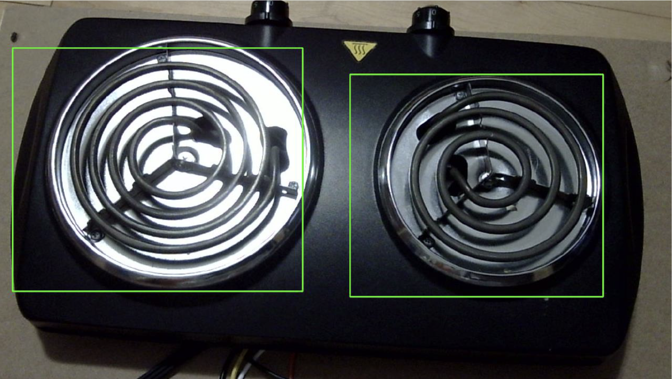 Overhead camera frame with bounding boxes around each burner
